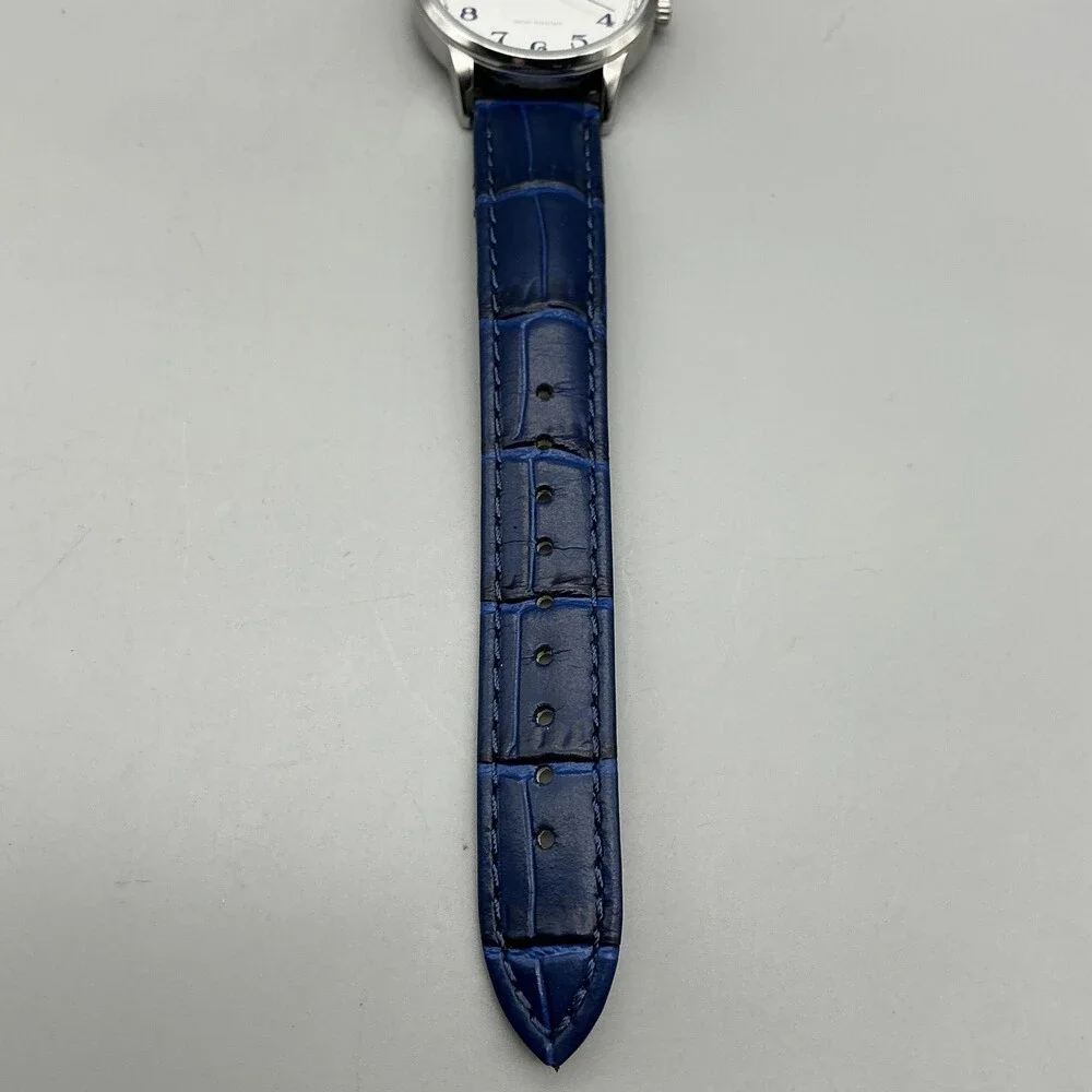 Shengke Womens Watch 32mm Silver Tone Blue Leather Band Date New Battery